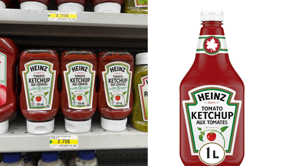 Ketchup Heinz au Dollarama. Droite : Bouteille de Ketchup Heinz.