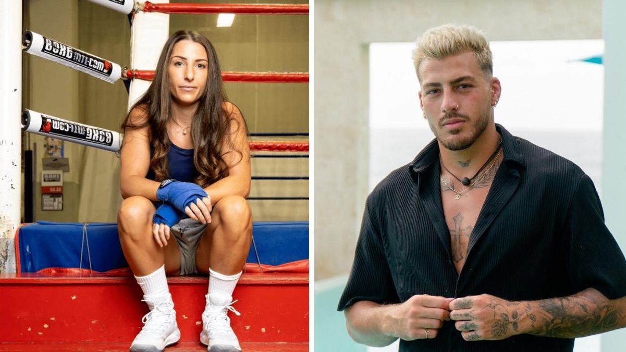 Kim Clavel dans un ring de boxe. Droite : Shady El Nahas à L'île de l'amour.