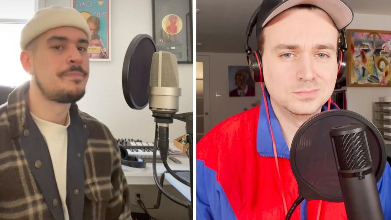 Koriass répond au rap d'Arnaud Soly. Droite : Arnaud Soly fait un rap sur Barbies Resto Bar Grill.