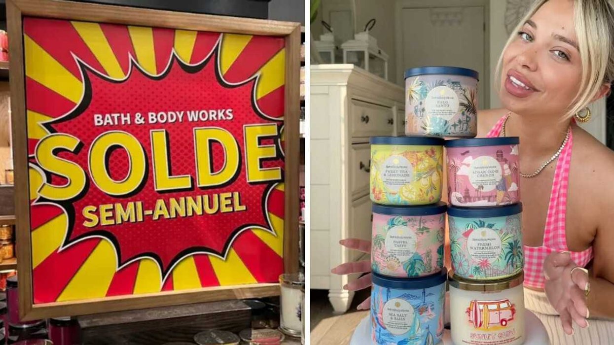 L'affiche de solde semi-annuel Bath & Body Works. Droite : Une femme montre des chandelles à trois mèches du Bath & Body Works.
