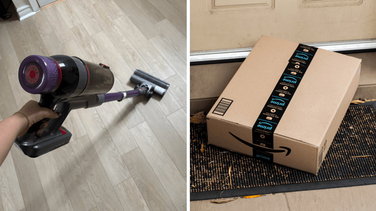 L'aspirateur-balai sans fil MQDXE. Droite : Une boîte Amazon Prime.