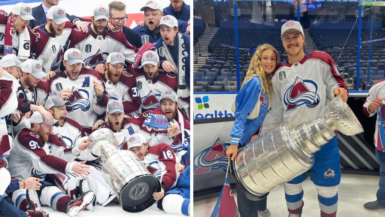 L'Avalanche du Colorado et la coupe Stanley. Droite : Alex-anne et Nicolas Aubé-Kubel avec la coupe Stanley.