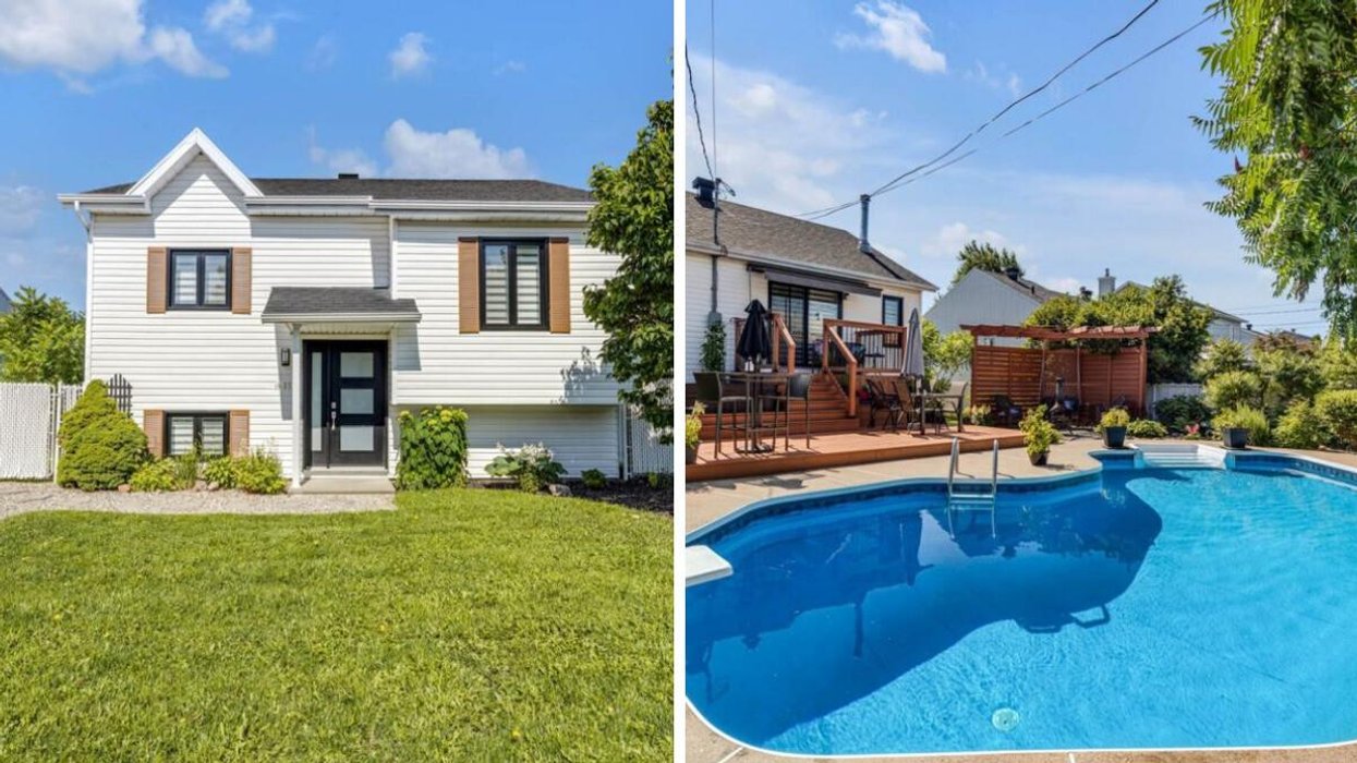 L'avant de la maison. Droite : Cour arrière d'une maison à vendre à Québec.