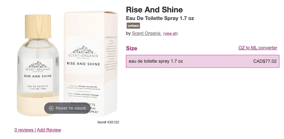 L'eau de toilette Rise and Shine, \u00e0 77 $ sur le site de Frangrance.net.