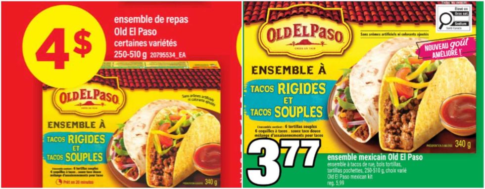 L'ensemble de repas Old El Paso dans la circulaire du Maxi. Droite : L'ensemble de repas Old El Paso dans la circulaire du Super C.