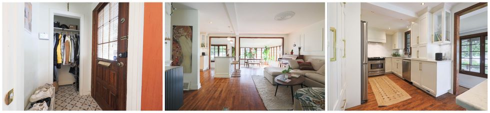 L'entr\u00e9e. Centre : Le salon et la salle \u00e0 manger. Droite : La cuisine.