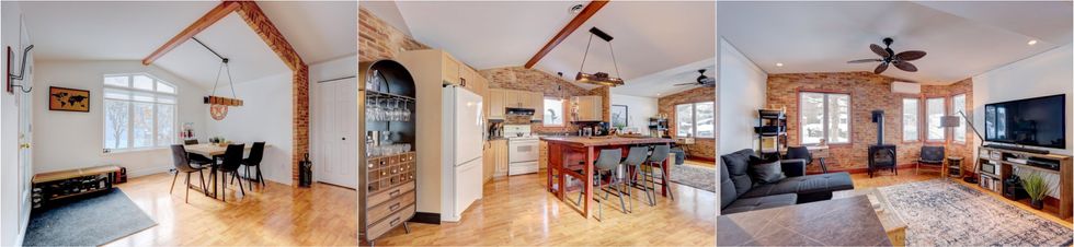 L'entr\u00e9e et la salle \u00e0 manger. Centre : La cuisine rustique. Droite : Le salon du 617, rue Shefford app. 52, Bromont, QC.