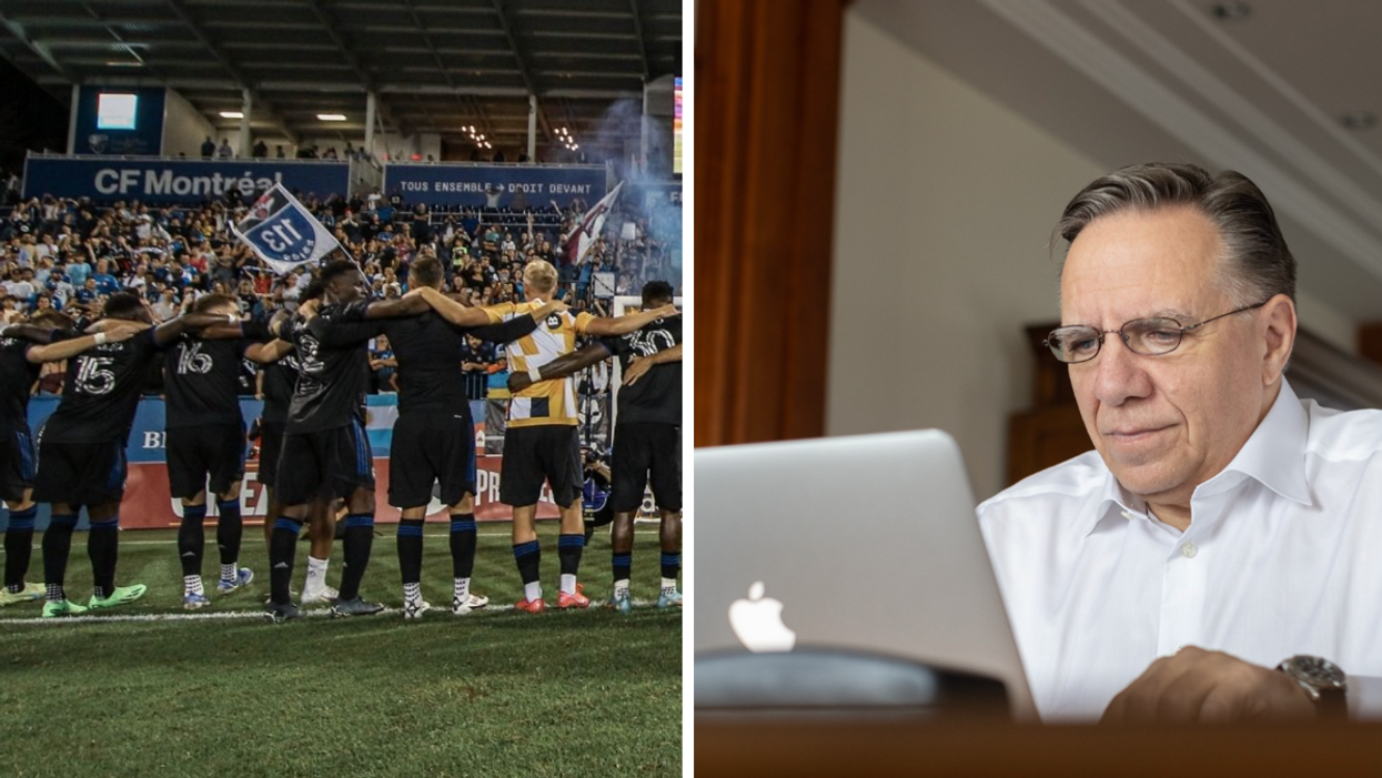 L'équipe du CF Montréal. Droite : François Legault.