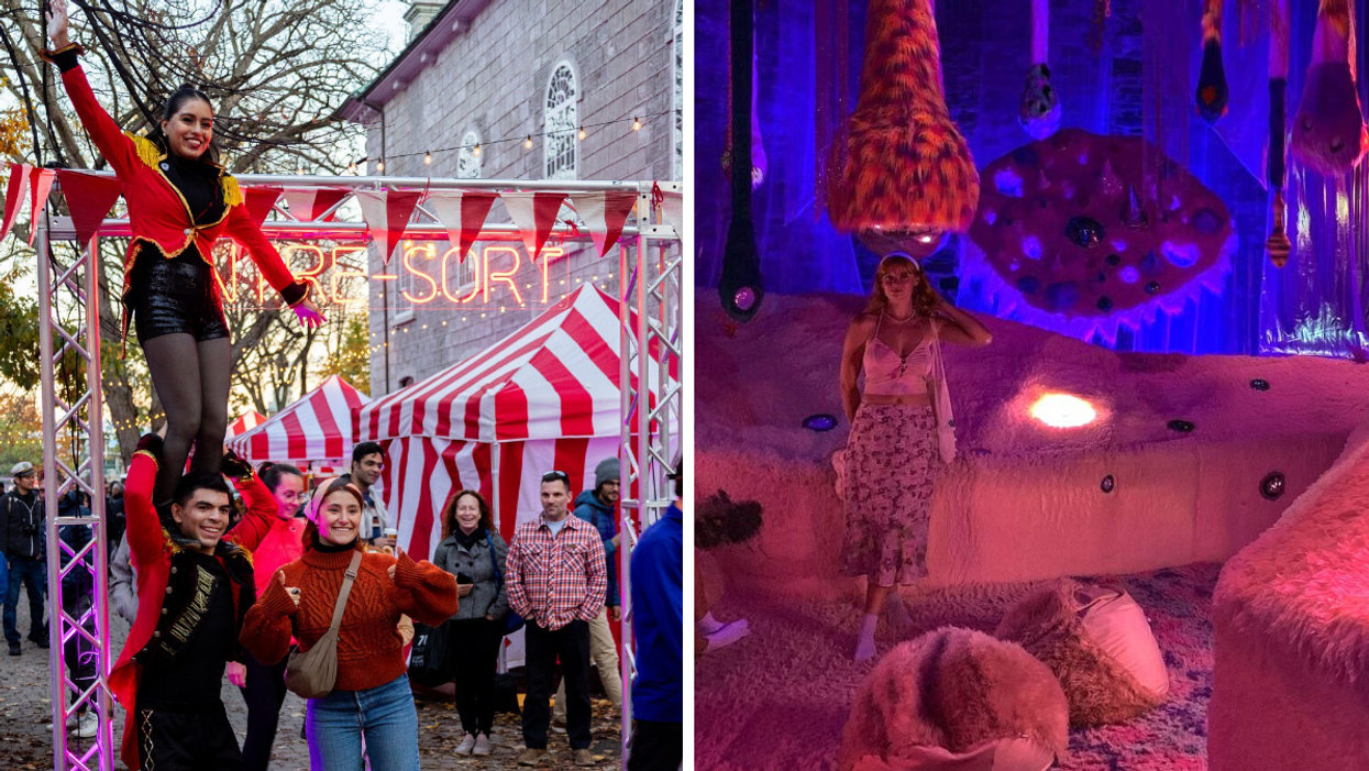 L'Étrange Carnaval. Droite : Une personne à l'exposition Abysses.