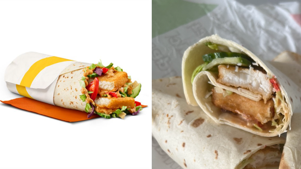 L'image promotionnelle du McWrap poisson et sauce chipotle cr\u00e9meuse. Droite : Le McWrap poisson et sauce chipotle cr\u00e9meuse en r\u00e9alit\u00e9.