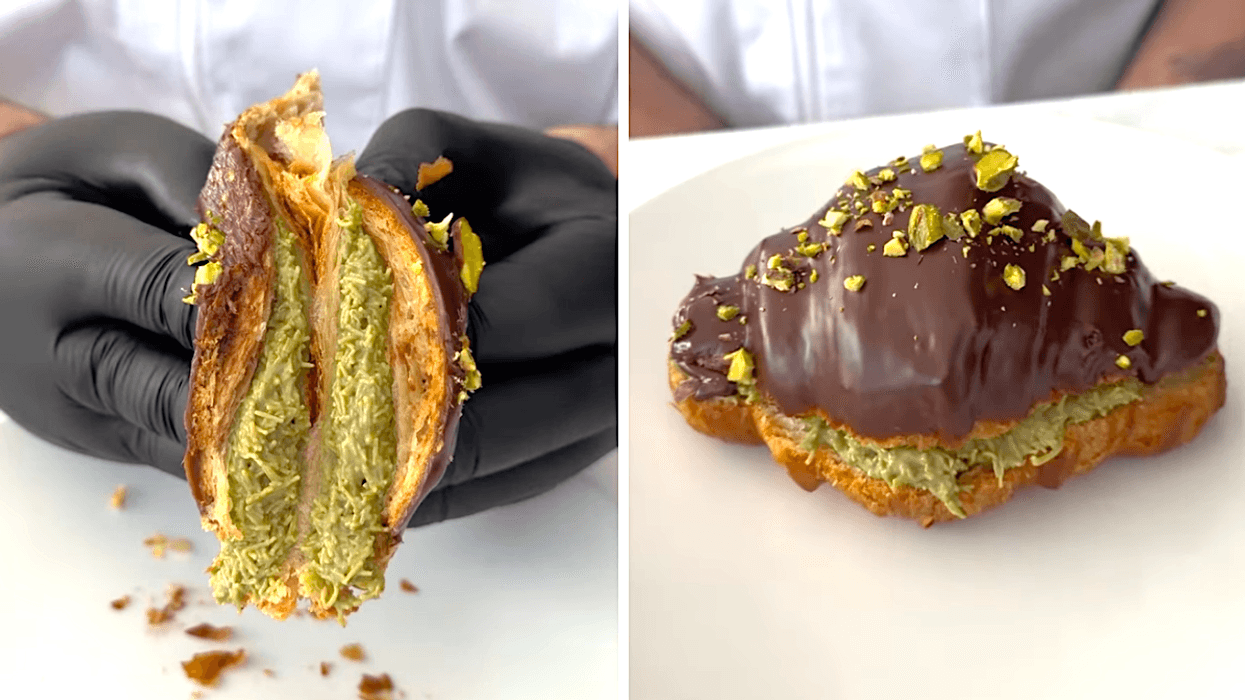 L'intérieur du croissant Dubaï du Duc de Lorraine. Droite : Le croissant au chocolat Dubaï du Duc de Lorraine.