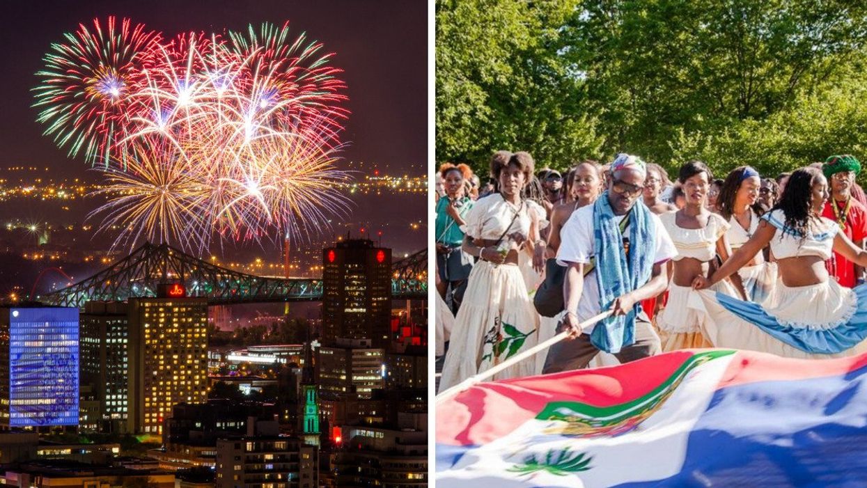L'International des feux Loto-Québec vu de loin à Montréal. Droite : Le festival Haïti en Folie à Montréal.