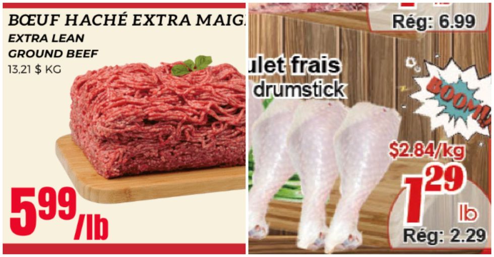 L'offre de circulaire de l'Euromarch\u00e9 pour la viande hach\u00e9. Droite : L'offre de circulaire du March\u00e9 C & T pour les pilons de poulet.