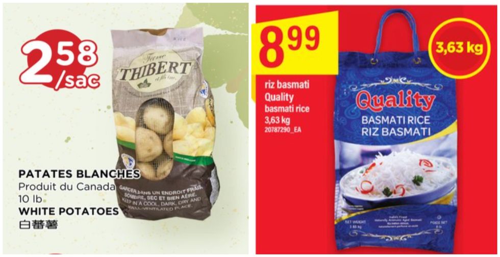 L'offre de circulaire du Kim Phat sur des pommes de terre. Droite : L'offre de circulaire du Maxi sur du riz basmati.