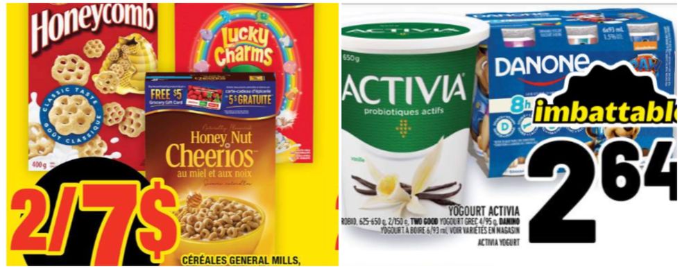 L'offre de circulaire du Super C pour des c\u00e9r\u00e9ales. Droite : L'offre de circulaire du Metro pour du yogourt.