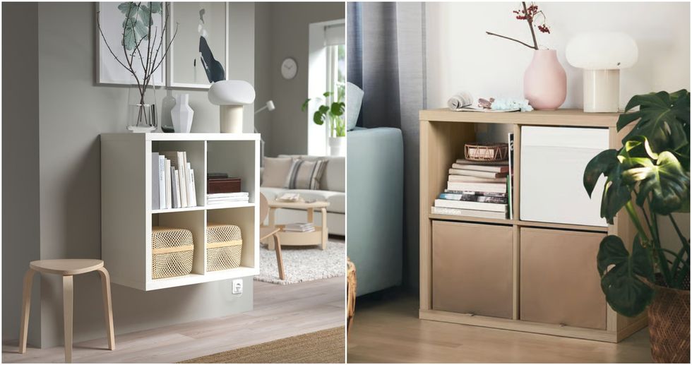 L'\u00e9tag\u00e8re KALLAX en blanc. Droite : L'\u00e9tag\u00e8re KALLAX en effet ch\u00eane blanchi.