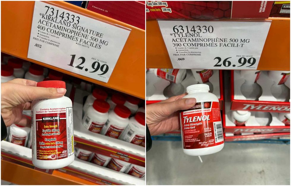 L\u2019ac\u00e9taminoph\u00e8ne 500 mg de la marque Kirkland Signature au Costco. Droite : L\u2019ac\u00e9taminoph\u00e8ne 500 mg de la marque Tylenol au Costco