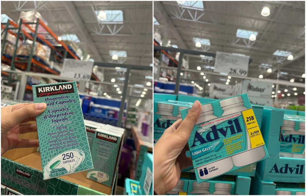 L\u2019ibuprof\u00e8ne en capsules liquides de la marque Kirkland Signature au Costco. Droite : L\u2019ibuprof\u00e8ne en capsules liquides de la marque Advil au Costco