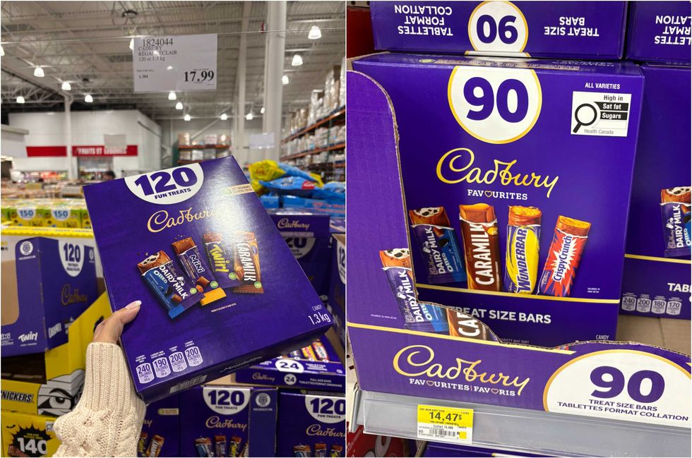 La bo\u00eete de 120 Friandises Amusantes Cadbury au Costco. Droite : La bo\u00eete de 90 Friandises Amusantes Cadbury sur le site du Walmart.