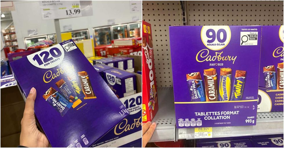 La bo\u00eete de 120 friandises Cadbury au Costco. Droite : La bo\u00eete de 90 friandises Cadbury Favoris au Walmart.