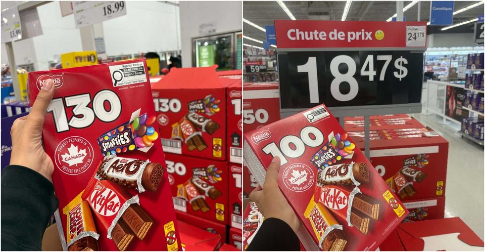 La bo\u00eete de 130 mini-barres assorties Nestl\u00e9 au Costco. Droite : La bo\u00eete de 100 barres assorties Nestl\u00e9 au Walmart.