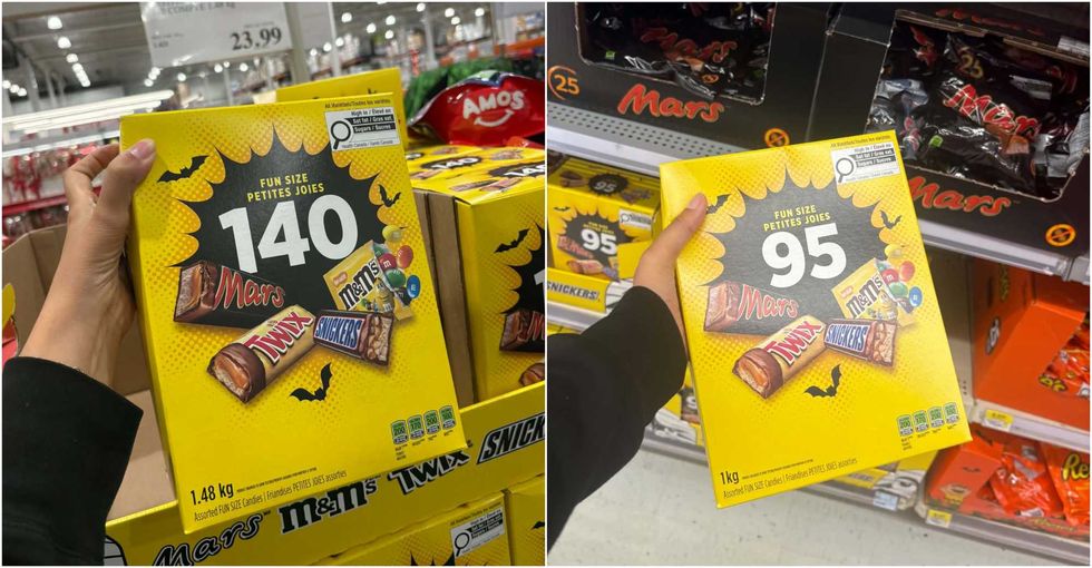 La bo\u00eete de 140 friandises Mars, Twix, Snickers et M&M\u2019s au Costco. Droite : La bo\u00eete de 95 friandises Mars, Twix, Snickers et M&M\u2019s au Walmart.
