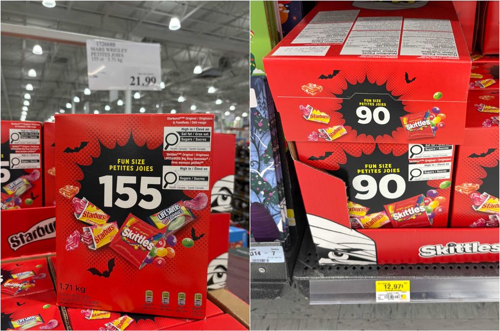 La bo\u00eete de friandises assorties Skittles, Starburst et LifeSavers au Costco. Droite : La bo\u00eete de friandises assorties Skittles et Starburst au Walmart.