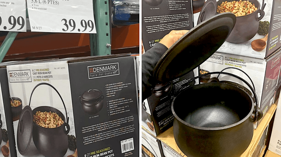 La bo\u00eete et le prix de la marmite en fonte pr\u00e9assaisonn\u00e9e Denmark de 5,6 L au Costco. Droite : La marmite ouverte.