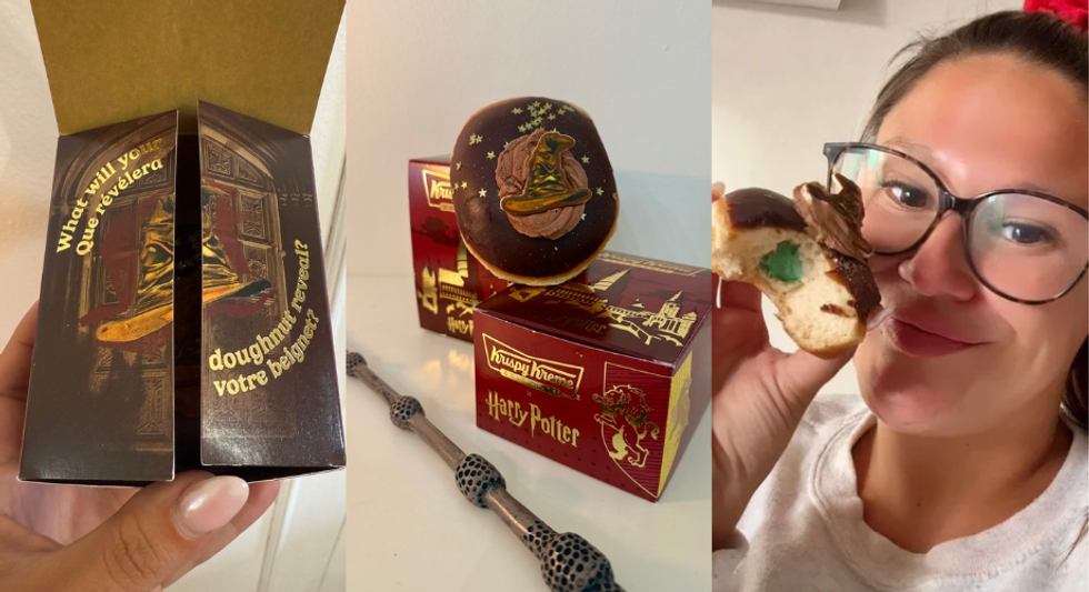 La bo\u00eete \u00e0 beigne. Milieu : Le beigne. Droite : Izabelle et son beigne Serpentard.