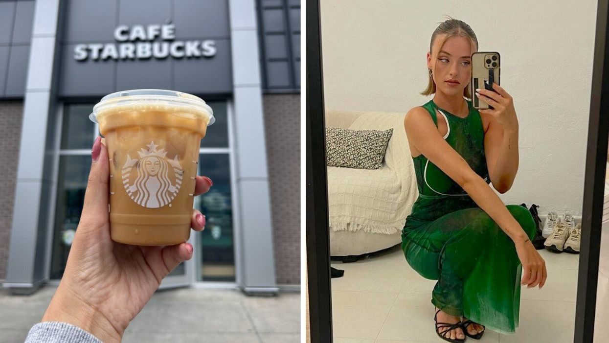 « La boisson d'Alicia » au Starbucks. Droite : Alicia Moffet