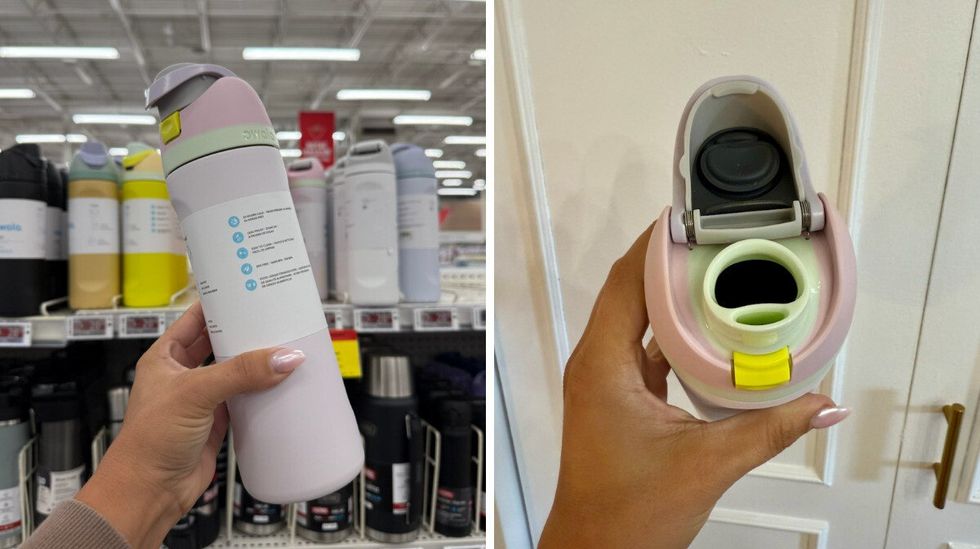 La bouteille Owala FreeSip de 24 oz au Canadian Tire. Droite : La bouteille Owala FreeSip vue de haut.