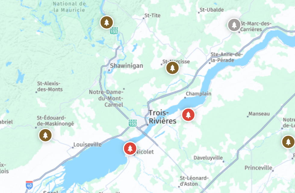 La carte interactive de Bonjour Qu\u00e9bec le 20 octobre 2025 : le Centre-du-Qu\u00e9bec a des endroits \u00e0 l'apog\u00e9e, d'autres en d\u00e9clin.