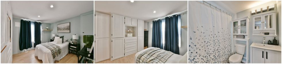 La chambre principale. Centre : La chambre principale. Droite : La salle de bain.