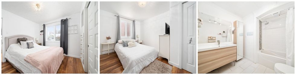 La chambre principale. Centre : La chambre secondaire. Gauche : La salle de bain.