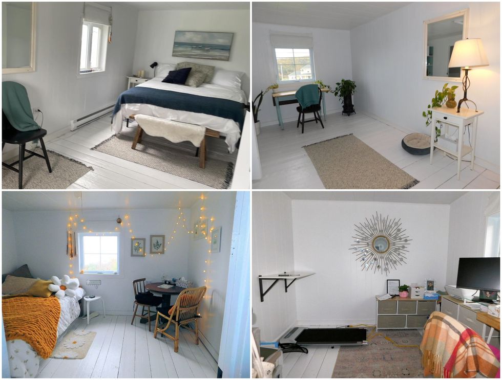 La chambre principale de la maison. Droite : L'autre c\u00f4t\u00e9 de la chambre principale. Bas gauche : L'une des chambres du 681, boul. du Griffon \u00e0 Gasp\u00e9. Bas droit : La chambre convertie en bureau de cette maison.