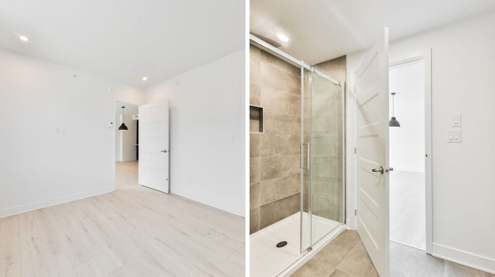 La chambre \u00e0 coucher. Droite : La salle de bain.