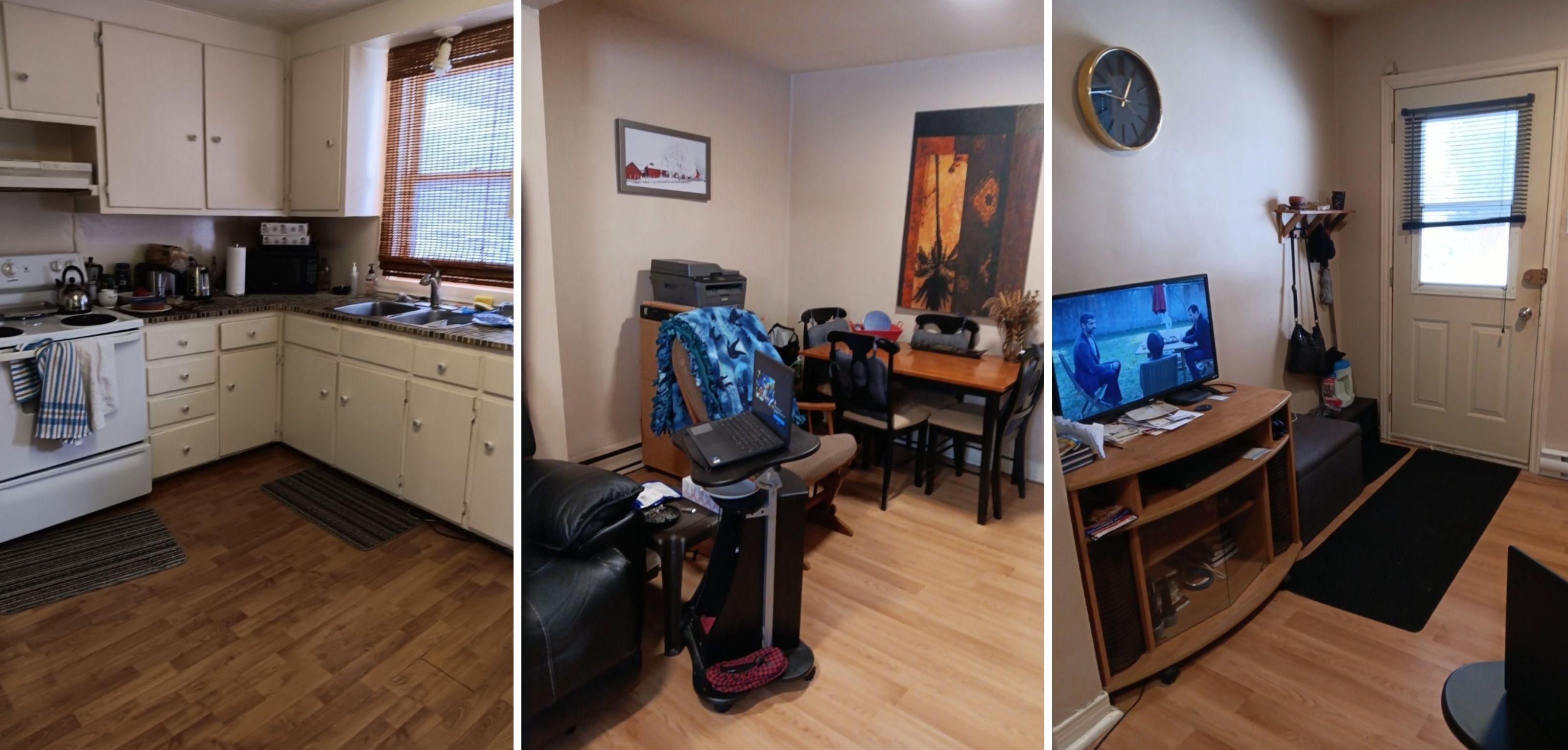 La cuisine. Centre : l'espace salle \u00e0 manger. Droite : le salon.