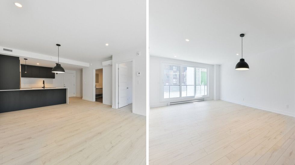 La cuisine. Droite : L'aire ouverte sur le salon.