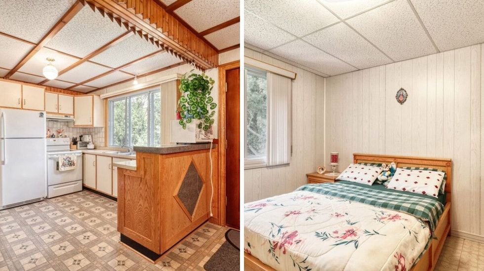 La cuisine. Droite : L'une des chambres.