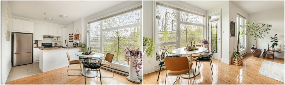 La cuisine. Droite : La salle \u00e0 manger qui donne sur la terrasse.