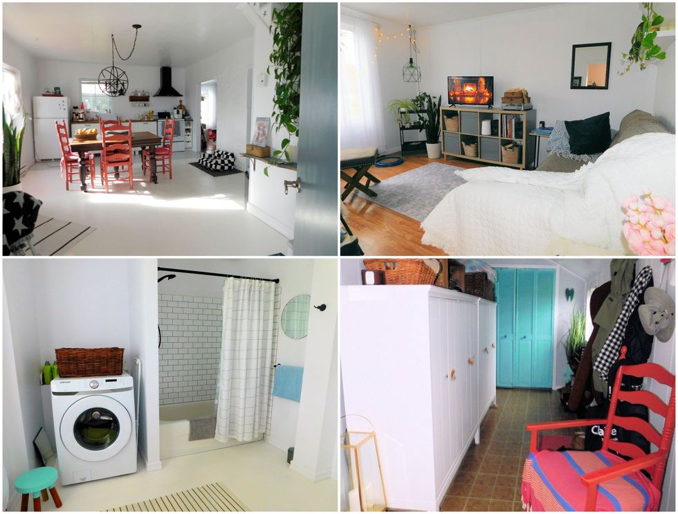 La cuisine et la salle \u00e0 manger du 681, boul. du Griffon \u00e0 Gasp\u00e9. Droite : Le salon. Bas gauche : La salle de bain. Bas droit : La v\u00e9randa int\u00e9rieure.