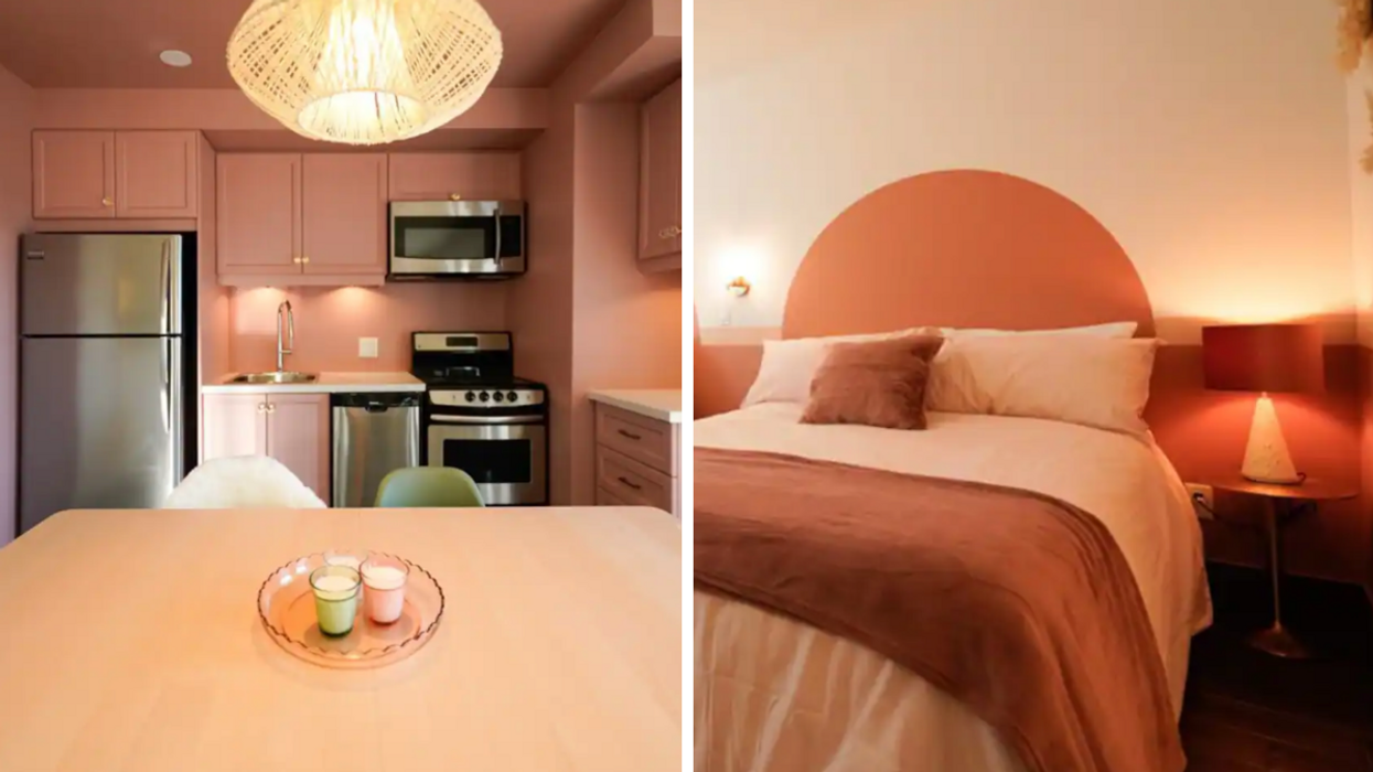 La cuisine et salle à manger dans une chambre de l'Hôtel-Boutique le Rosay. Droite : Une chambre à coucher dans l'Hôtel-Boutique le Rosay.