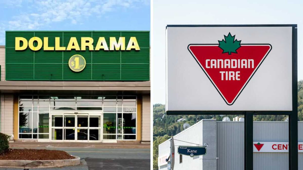 La devanture d'un Dollarama au Québec. Droite : Le logo du Canadian Tire.