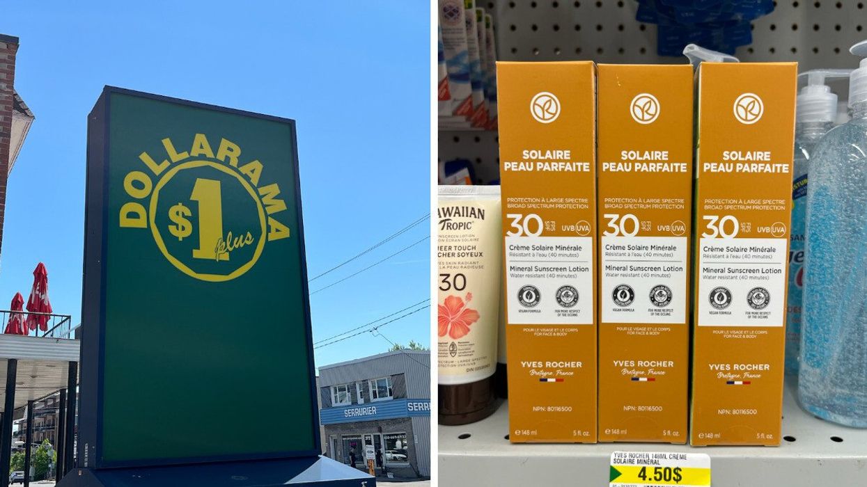 La devanture d'un Dollarama. Droite : La crème solaire Yves Rocher sur les tablettes du Dollarama.