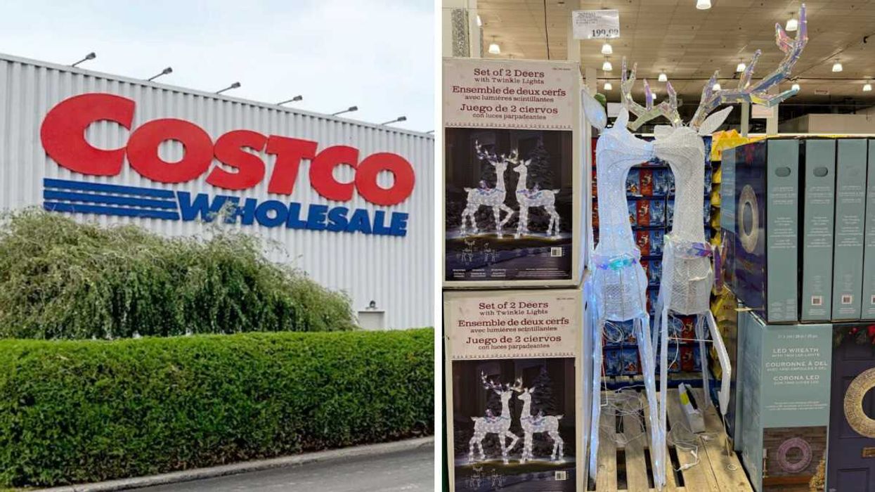 La devanture d'un entrepôt Costco. Droite : Ensemble de cerfs