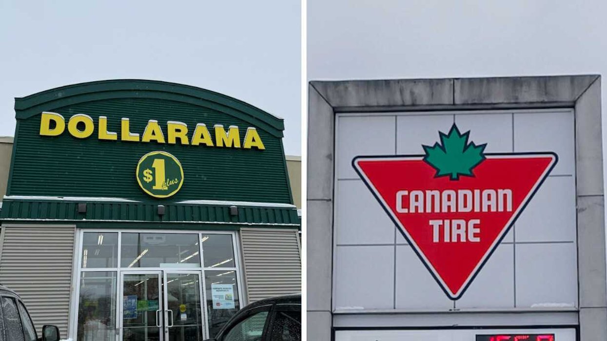 La devanture d'un magasin Dollarama. Droite : L'affiche d'un Canadian Tire.