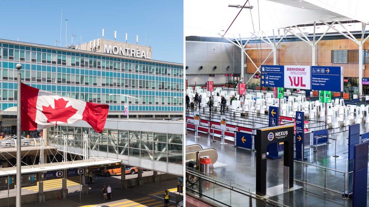 La devanture de l'aéroport Montréal-Trudeau. Droite : les douanes de l'aéroport Montréal-Trudeau.