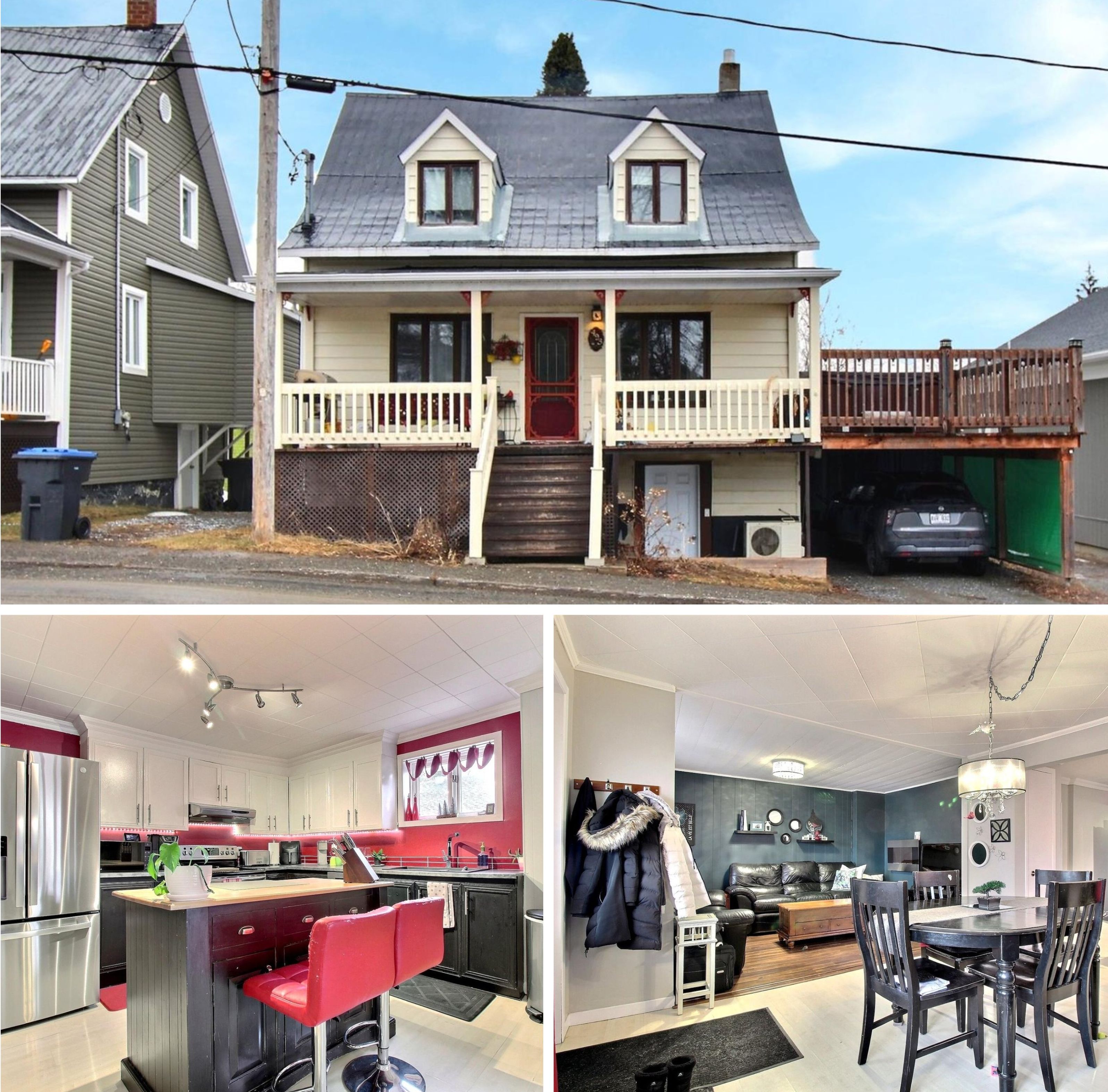 La devanture de la maison. En-bas \u00e0 gauche : la cuisine. En-bas \u00e0 droite : la salle \u00e0 manger et le salon.