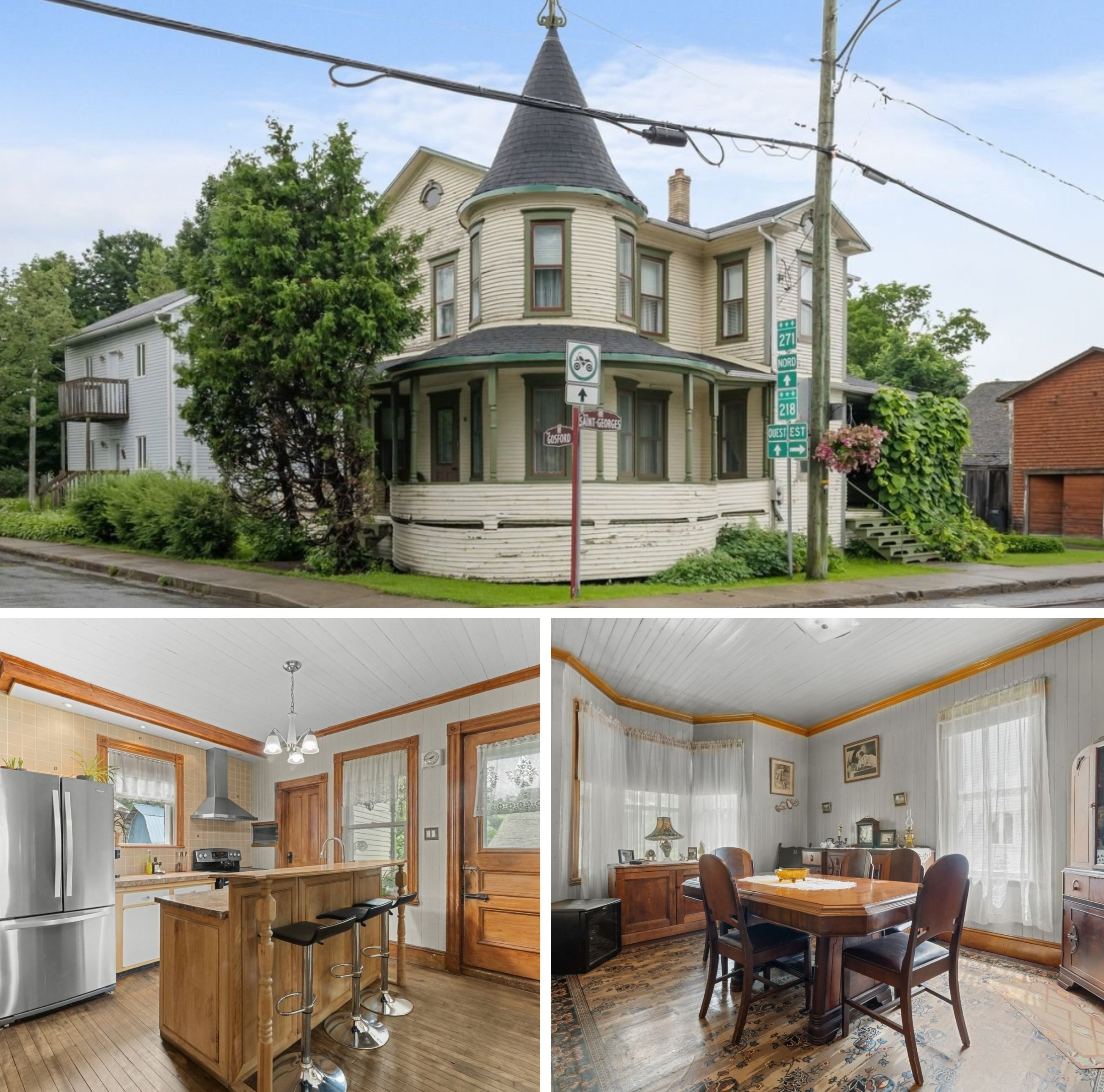 La devanture de la maison. En-bas \u00e0 gauche : la cuisine. En-bas \u00e0 droite : la salle \u00e0 manger