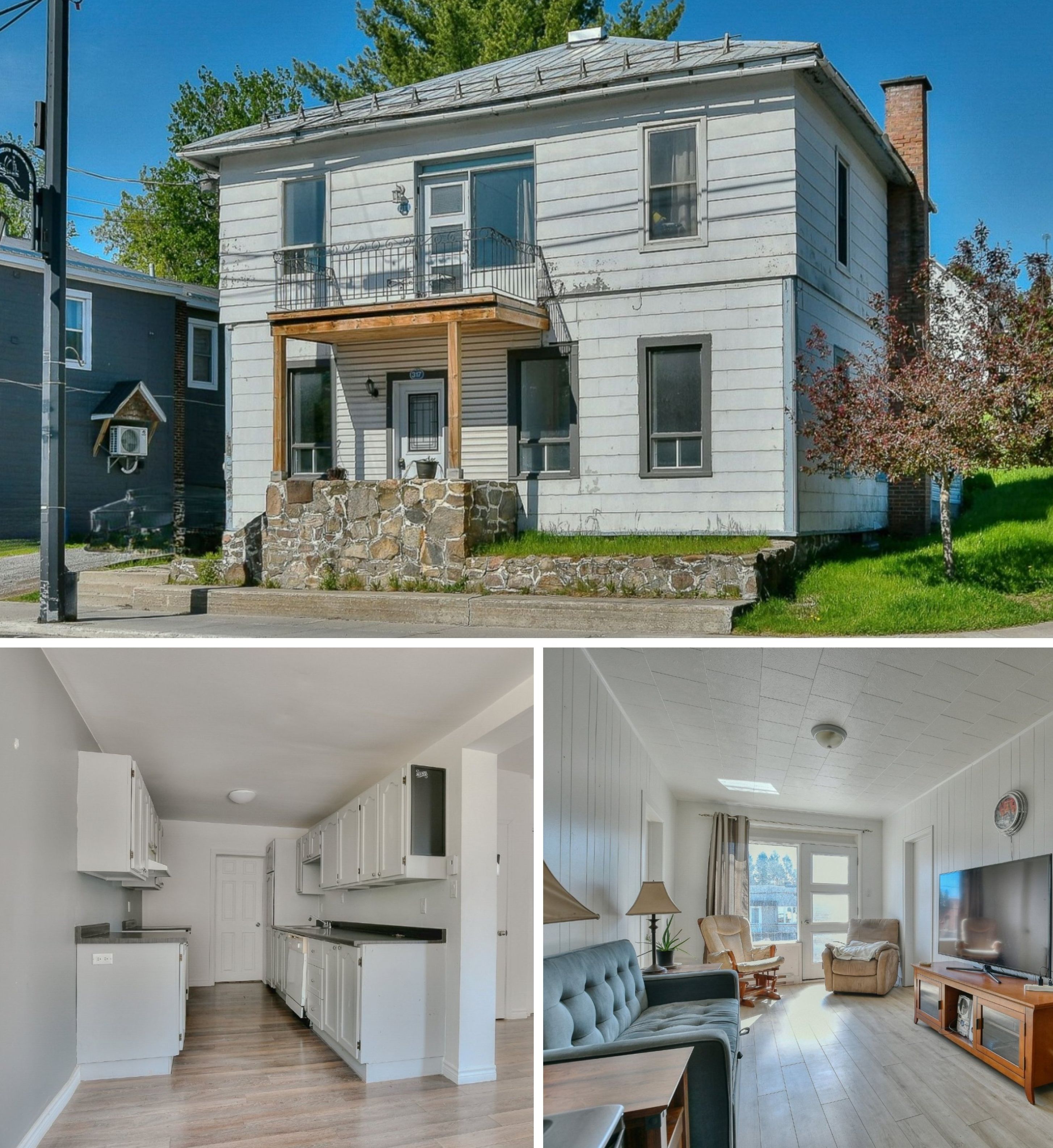 La devanture de la maison. En-bas \u00e0 gauche : la cuisine. En-bas \u00e0 droite : le salon.